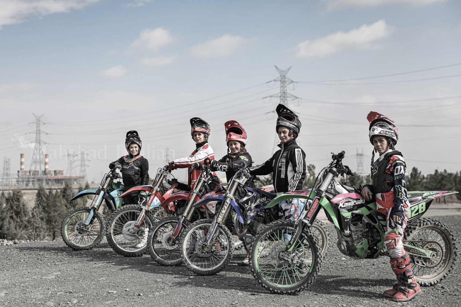 Photo of the Mashhad women's motorcycle riding team at the Saman Khorasan Razavi track.